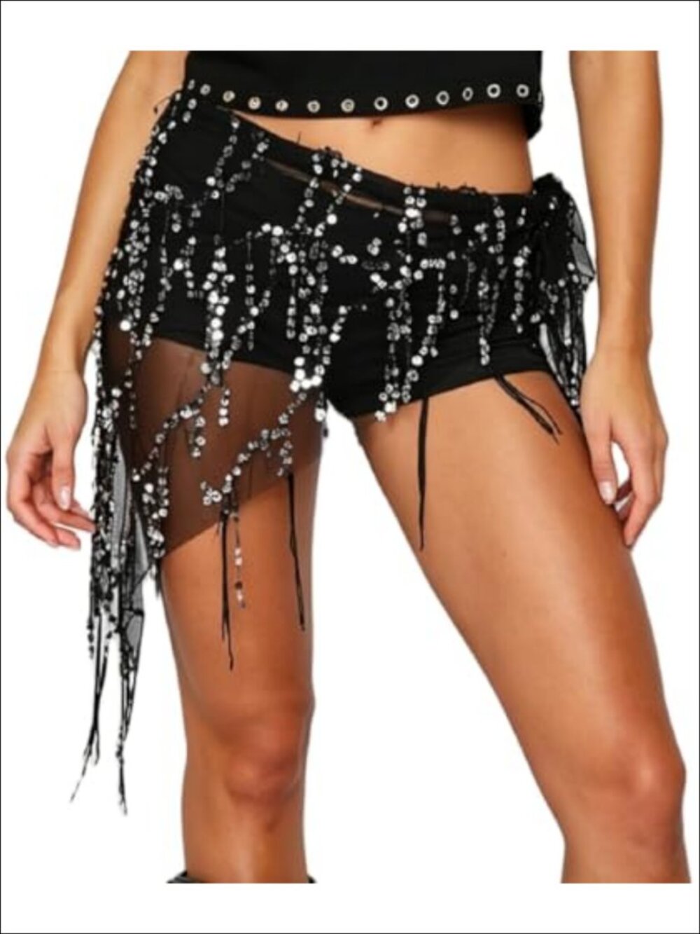 Sheer Mesh Sequin Tassel Waist Scarf Belt Mini Skirt Y2K Festival Wrap